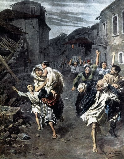Panika w Reggio Calabria po trzęsieniu ziemi w 1908 roku. Ilustracja autorstwa Beltrame. 1908 autorstwa Achille Beltrame