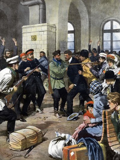 Pasażerowie zostali zaatakowani na stacji kolejowej w Europie przez rabusiów i obrabowani w poczekalni. Ill. de Beltrame. Domenica del Corriere. 19.07.1909. autorstwa Achille Beltrame