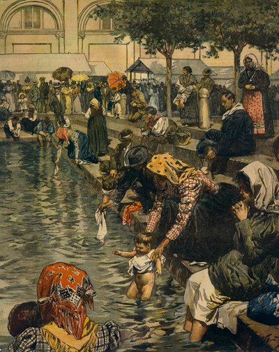 Pielgrzymka do Caravaggia: Kąpiel w cudownych wodach, autorstwa Achille Beltrame (1871-1945), z La Domenica del Corriere autorstwa Achille Beltrame