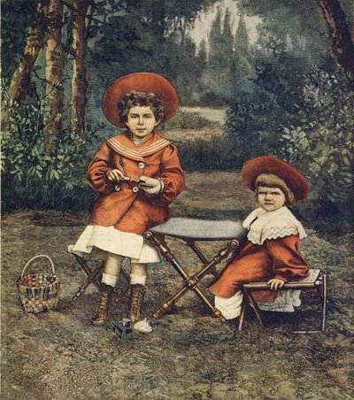 Księżniczki Jolanda i Mafalda, córki króla, w ogrodach na Kwirynale, autorstwa Achille Beltrame (1871-1945), z La Domenica del Corriere autorstwa Achille Beltrame