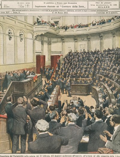 Ponowne otwarcie włoskiego parlamentu wieczorem 22 lutego, doping wojska po udanej kampanii w Libii, Achille Beltrame, ilustracja, Ilustrator Achille Beltrame (1871-1945), z La Domenica del Corriere, 3 marca 1912 autorstwa Achille Beltrame