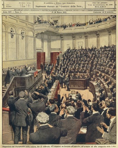 Ponowne otwarcie włoskiego parlamentu wieczorem 22 lutego, doping wojska po udanej kampanii w Libii, Achille Beltrame, ilustracja, Ilustrator Achille Beltrame (1871-1945), z La Domenica del Corriere, 3 marca 1912 autorstwa Achille Beltrame