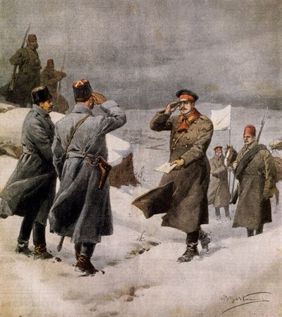 Wznowienie wojny, turecki parlamentarzysta przybywający do bułgarskiego obozu z przesłaniem o zakończeniu zawieszenia broni, Achille Beltrame (1871-1945), ilustracja z La Domenica del Corriere, 9 lutego autorstwa Achille Beltrame