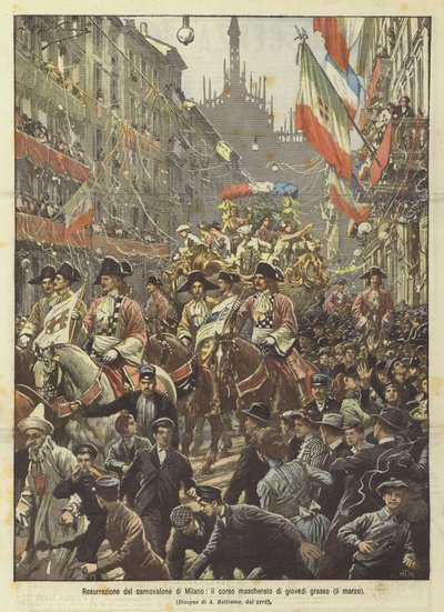 Zmartwychwstanie mediolańskiego carnovalone, zamaskowany przebieg czwartkowego ostatka (9 marca) autorstwa Achille Beltrame