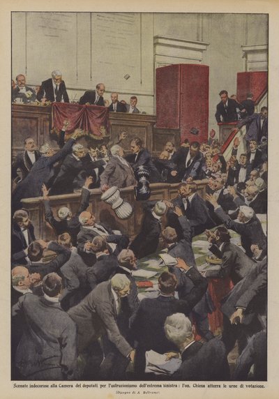 Nieprzyzwoite sceny w Izbie Deputowanych za blokowanie skrajnej lewicy, lon? autorstwa Achille Beltrame