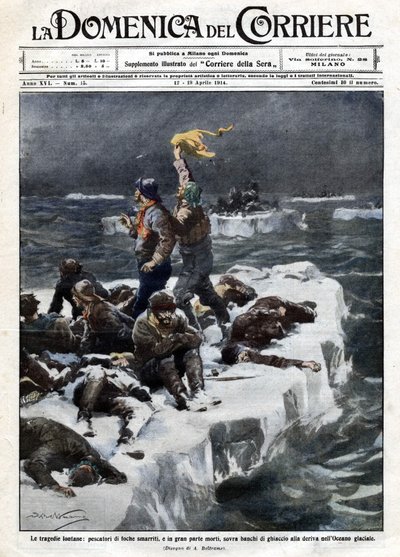 Rybacy z fok, z których niektórzy zginęli, pozostali opuszczeni na dryfującym oceanie lodzie. Ill. de Beltrame. „” La Domenica del corriere””. 12-19.04.1914. autorstwa Achille Beltrame