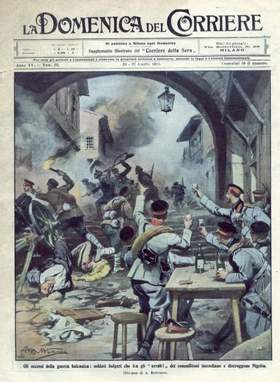 Druga wojna bałkańska (1913) między Bułgarią a Grecją i Turcją: bułgarscy żołnierze podpalili i zniszczyli Nigritę w Grecji. Domenica del Corriere. 07/1913. Ilustracja Beltrame. autorstwa Achille Beltrame