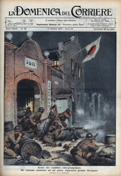 Druga wojna chińsko-japońska (1937-1945): starcia pod Szanghajem. Ilustracja Achille Beltrame z „La Domenica del Corriere” z 17.10.1937. autorstwa Achille Beltrame