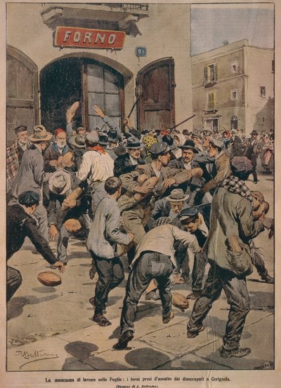 Poważne braki pracy w Apulii, Piekarniki szturmowane przez bezrobotnych Cerignoli, Achille Beltrame, ilustracja, Ilustrator Achille Beltrame (1871-1945), z La Domenica del Corriere, 20 grudnia 1908 autorstwa Achille Beltrame