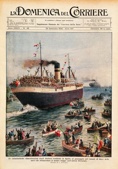 Statki przewożące wojska włoskie do Afryki Wschodniej przekraczające Kanał Sueski, ilustracja z La Domenica del Corriere, 20 października autorstwa Achille Beltrame