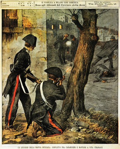 Sycylijska impreza mafijna, Walka między karabinierami a gangsterami mafijnymi w Trapani, Achille Beltrame, ilustracja, Ilustrator Achille Beltrame (1871-1945), z La Domenica del Corriere, 31 grudnia 1899 autorstwa Achille Beltrame