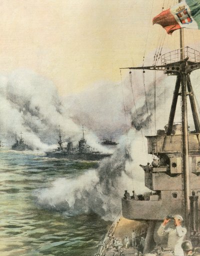 Dostrzeżony przez wrogie samoloty włoski konwój uwalnia zasłonę dymną, by chronić statki, Achille Beltrame (1871-1945), ilustracja z La Domenica del Corriere, 8 sierpnia autorstwa Achille Beltrame