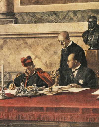 Podpisanie traktatu laterańskiego między kardynałem P. Gasparrim i B. Mussolinim autorstwa Achille Beltrame