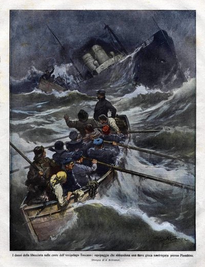 Zatonięcie włoskiej łodzi u wybrzeży Toskanii w 1910 roku. ilustracja Achilles Beltrame autorstwa Achille Beltrame