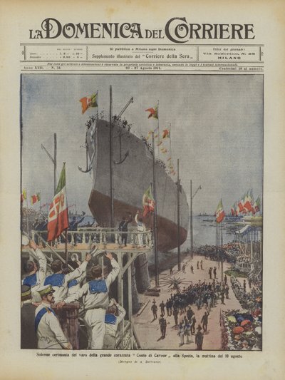 Uroczysta ceremonia wodowania wielkiego pancernika Conte di Cavour w La Spezia, rankiem 10 sierpnia autorstwa Achille Beltrame