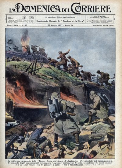 Hiszpańska wojna domowa: Napastnik brygad „Frecce nere” na froncie Santander. Ilustracja Achille Beltrame z „La domenica del corriere” z 29.08.1937 r. autorstwa Achille Beltrame