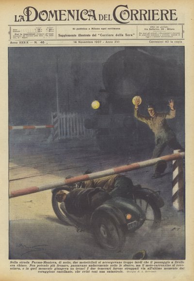 Na drodze Parma-Mantua, w nocy, dwóch motocyklistów zbyt późno zorientowało się, że? autorstwa Achille Beltrame