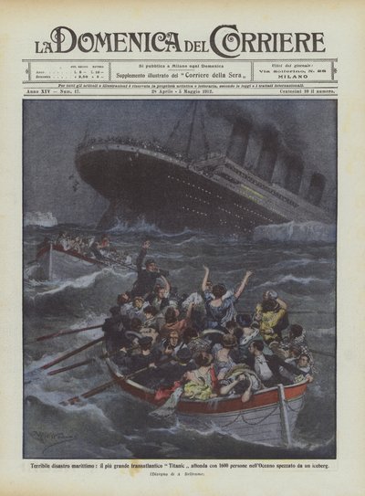 Okropna katastrofa morska, największy liniowiec oceaniczny Titanic tonie z 1600 osobami? autorstwa Achille Beltrame