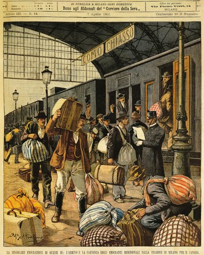 Wielka emigracja: przyjazdy i wyjazdy emigrantów z południowych Włoch do Kanady, Achille Beltrame (1871-1945), z La Domenica del Corriere, 7 kwietnia 1901 autorstwa Achille Beltrame