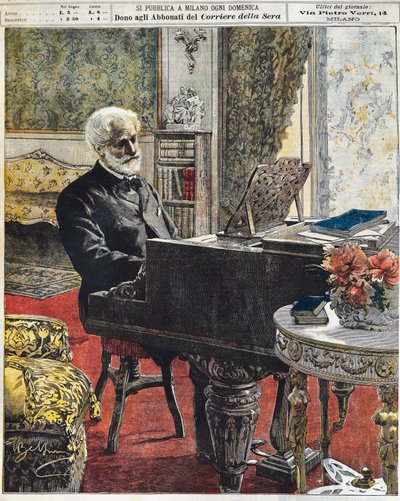 Włoski kompozytor Giuseppe Verdi w swoim gabinecie, płyta Achille Beltrame (1871-1945), La Domenica del Corriere, 8 października autorstwa Achille Beltrame