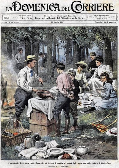 Prezydent Stanów Zjednoczonych Theodore Roosevelt (1858 - 1919) nauczył swoich synów obowiązków człowieka dobrego społeczeństwa, odcinając nogę podczas pikniku w swojej drugiej rezydencji w Oister Bay. Ilustracja autorstwa Achille Beltrame. Domenica del Co autorstwa Achille Beltrame