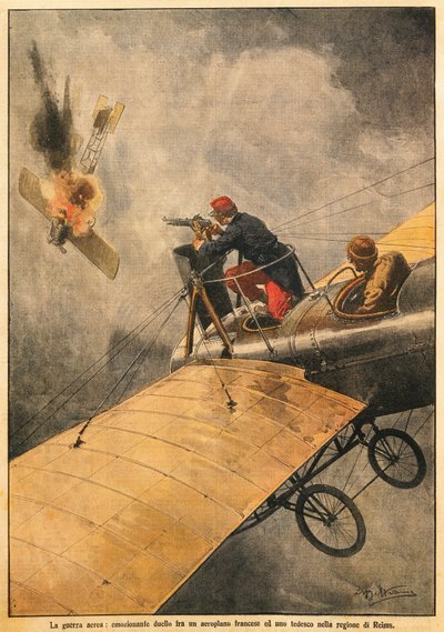Wojna w powietrzu: pojedynek między samolotem francuskim a niemieckim na niebie nad Reims, autorstwa Achille Beltrame (1871-1945), z La Domenica del Corriere, 25 października 1914 autorstwa Achille Beltrame