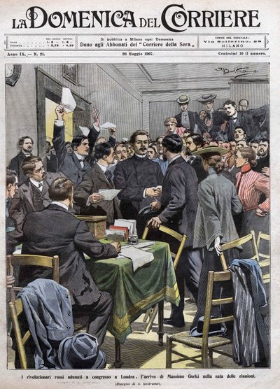 Przybycie Maksyma Gorkiego do sali konferencyjnej Kongresu w Londynie po rewolucji 1905 roku w Rosji. Okładka La Domenica del Corriere z 26.05.1907. autorstwa Achille Beltrame