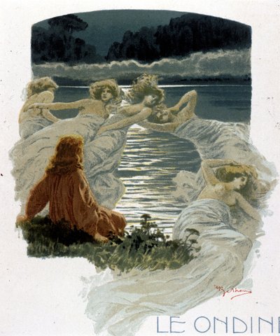 Postacie ondyn, młode nimfy wód mitologii germańskiej. Ilustracja A. Beltrame. autorstwa Achille Beltrame