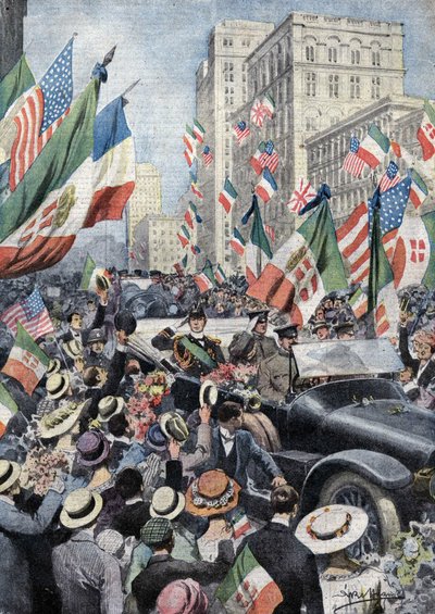 Entuzjastyczne powitanie przez Amerykanów Ferdynanda de Savoya, księcia Genui i księcia Udine (1884 - 1963), kiedy przybył do Bostonu. Ill. de Beltrame. Domenica del Corriere. 06/1917. autorstwa Achille Beltrame