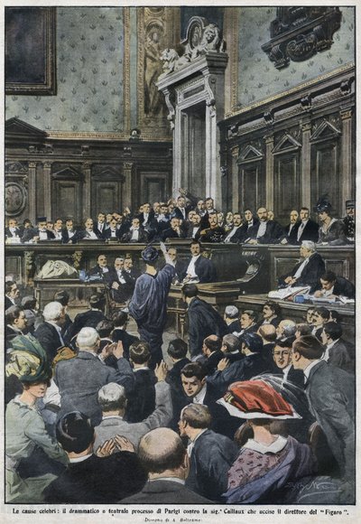 Wielkie procés: wielkie procés w Paryżu Madame Caillaux, która zamordowała dyrektora Figaro. „La Domenica del Corriere”, od 22 do 29 listopada 1914 r. autorstwa Achille Beltrame