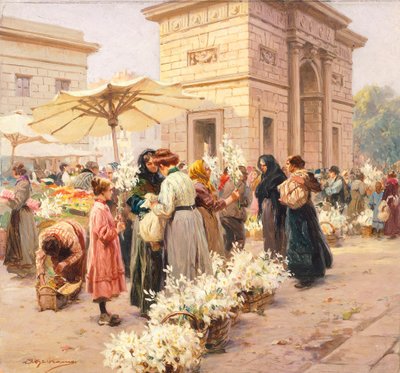 Targ liliowy w Porta Garibaldi w Mediolanie, Achille Beltrame (1871-1945), z La Domenica del Corriere, Włochy XX wiek autorstwa Achille Beltrame