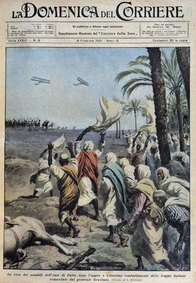 Kapitulacja notabli z oazy Koufra (Qufra lub Cufra, Sahara Libijska) po trudnej i zwycięskiej bitwie wojsk włoskich dowodzonych przez generała Grazianiego - dess. de A. Beltrame w „” la Domenica del Corriere”” z dnia 08.02.1931 r. autorstwa Achille Beltrame