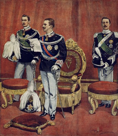 Zaprzysiężenie króla Vittorio Emanuele III w Izbie Senatu w Rzymie złożone przez Achille Beltrame (1871-1945), z La Domenica del Corriere autorstwa Achille Beltrame