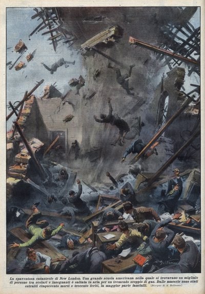 Tragedia wybuchu szkolnego w New London w Teksasie, spowodowana wyciekiem gazu 18 marca. Ilustracja Achille Beltrame w „La domenica del Corriere” z 04.04.1937. autorstwa Achille Beltrame