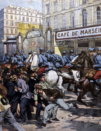Strajki robotnicze w Marsylii: husaria na Canebière. Ilustracja autorstwa Beltrame. La Domenica del Corriere. 1901. autorstwa Achille Beltrame
