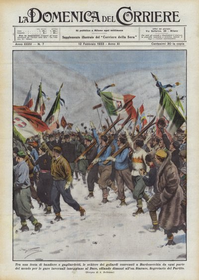 Pomiędzy grupą flag i proporców, szeregi goliardów zebranych w Bardonecchia z całego świata? autorstwa Achille Beltrame