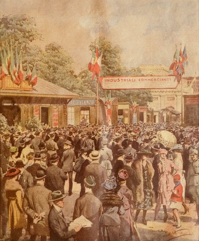 Targi w Mediolanie, Achille Beltrame, ilustracja, Illustrator Achille Beltrame (1871-1945), z La Domenica del Corriere, 24 kwietnia 1921 autorstwa Achille Beltrame