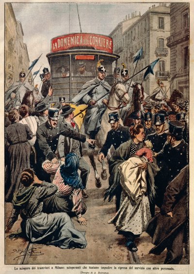 Strajk tramwajowy w Mediolanie, Achille Beltrame, ilustracja, Ilustrator Achille Beltrame (1871-1945), z La Domenica del Corriere autorstwa Achille Beltrame