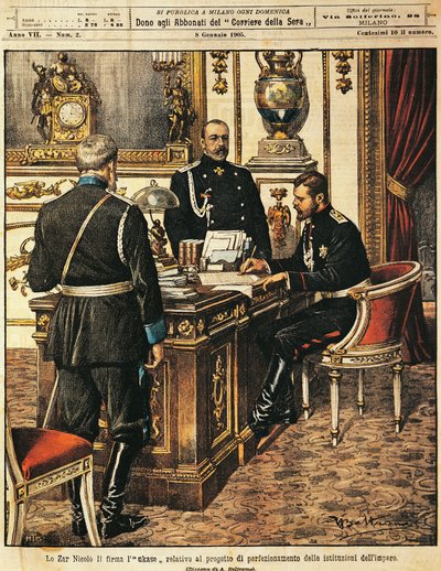 Car Mikołaj II podpisujący projekt reform instytucjonalnych, Achille Beltrame (1871-1945), z La Domenica del Corriere, 8 stycznia 1905 autorstwa Achille Beltrame