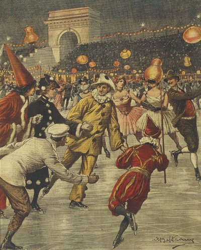 Typowa impreza kostiumowa na lodzie w Aren w Mediolanie, Achille Beltrame, ilustracja, Ilustrator Achille Beltrame (1871-1945), z La Domenica del Corriere autorstwa Achille Beltrame