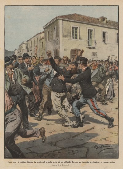 Pokorni bohaterowie, żołnierz Baron osłania oficera klatką piersiową podczas zamieszek? autorstwa Achille Beltrame