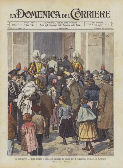 Bankiet dla tysiąca biednych ludzi w Rzymie z okazji jubileuszu Leona XIII, goście wchodzą do Watykanu autorstwa Achille Beltrame