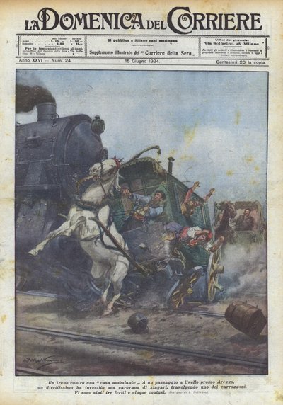 Pociąg przeciwko chodzącemu domowi autorstwa Achille Beltrame