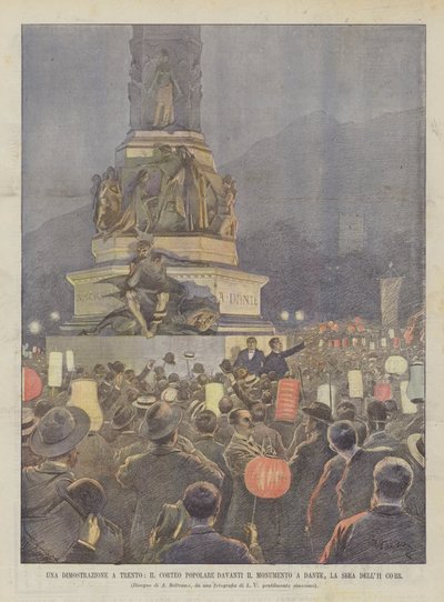 Demonstracja w Trydencie, popularna procesja przed pomnikiem Dantego, La Sera Dell11 Corr autorstwa Achille Beltrame
