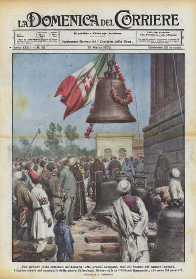 Wielka katolicka uczta w Asmarze, osiem wielkich dzwonów, odlanych z brązu wrogich dział? autorstwa Achille Beltrame