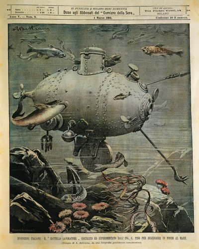 Podwodny statek morski do badania dna morskiego, ilustracja Achille Beltrame (1871-1945), z La Domenica del Corriere, 1 marca autorstwa Achille Beltrame