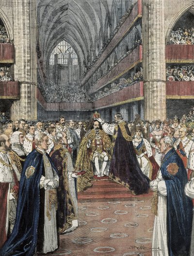 Wielka Brytania (1901). Koronacja Edwarda VII w Opactwie Westminsterskim. Ilustracja autorstwa Achille Beltrame opublikowana w Domenica del Corriere. Rytownictwo. autorstwa Achille Beltrame