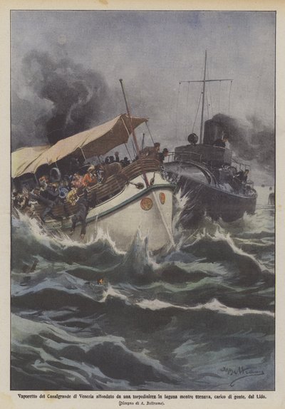 Vaporetto Canalgrande w Wenecji zatopiony przez torpedowiec w lagunie w drodze powrotnej? autorstwa Achille Beltrame