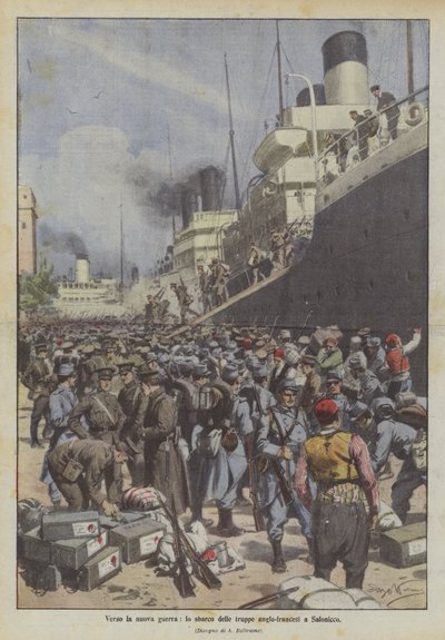 Ku nowej wojnie lądowanie wojsk anglo-francuskich w Salonikach autorstwa Achille Beltrame