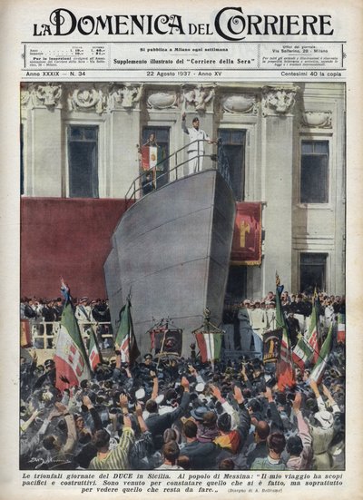 Wizyta księcia Benito Mussoliniego w Mesynie podczas wycieczki na Sycylię. Ilustracja Achille Beltrame z „La domenica del corriere” z 22.08.1937 r. autorstwa Achille Beltrame